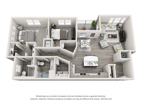 Floor plan for 2 beds, 2 baths, 1143 sqft